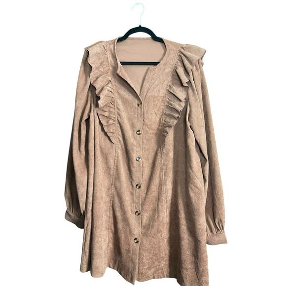 SHEIN Dresses & Skirts - Shein Corduroy Button Up Dress with Ruffles Brown Women Size XL New Without Tags